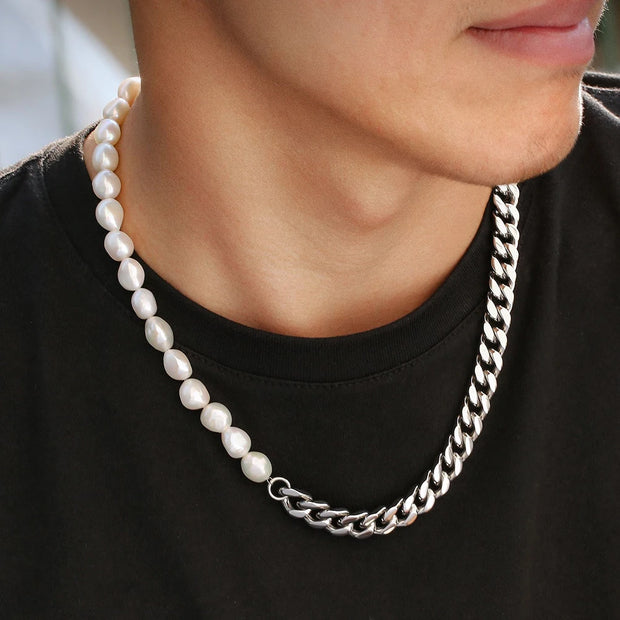 Kit 2 Peças Colar e Pulseira Meio Pérolas Corrente Cubana - Aço Prata