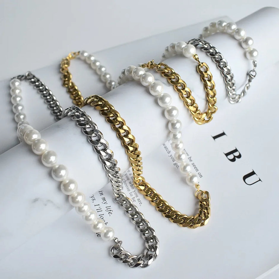 Kit 2 Peças Colar e Pulseira Meio Pérolas Corrente Cubana - Aço Prata