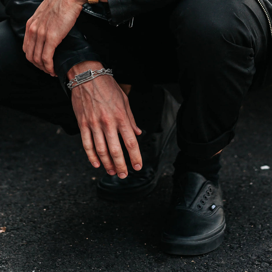 Pulseira Masculina Black Stone Aço Prata