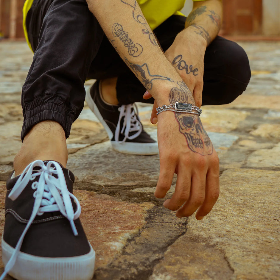 Pulseira Masculina Black Stone Aço Prata