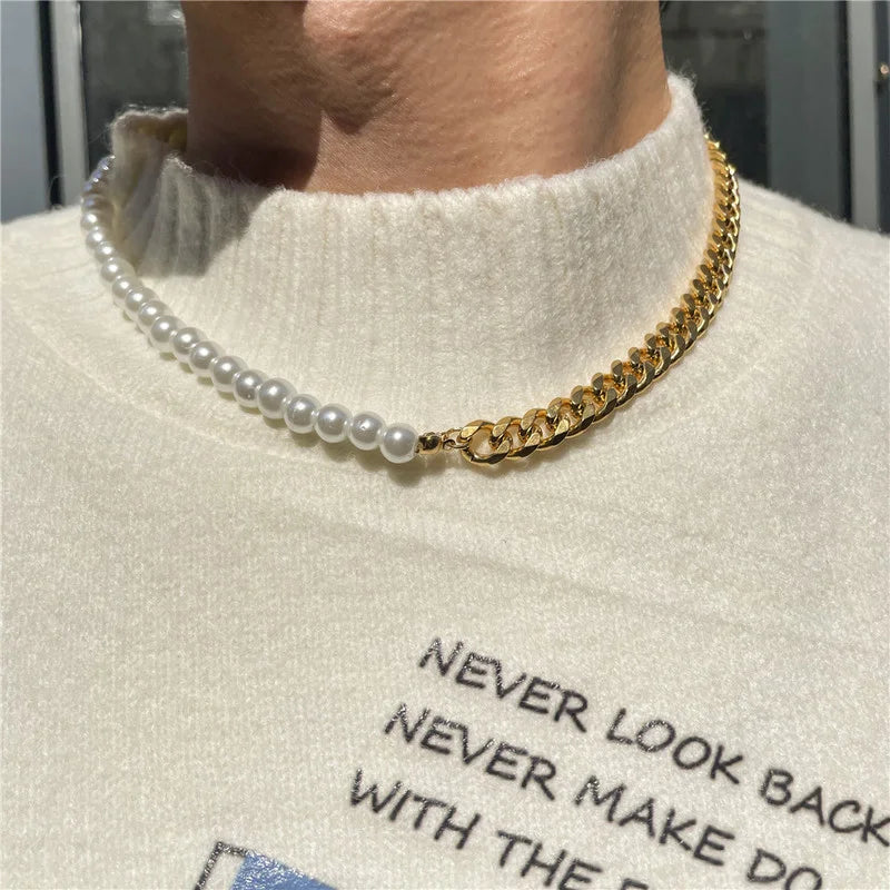 Kit 2 Peças Colar e Pulseira Meio Pérolas Corrente Cubana - Aço Dourado