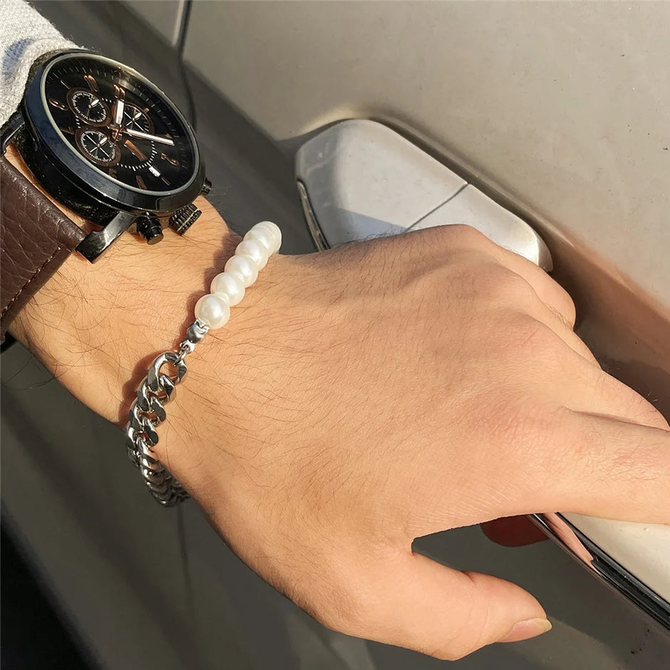 Kit 2 Peças Colar e Pulseira Meio Pérolas Corrente Cubana - Aço Prata