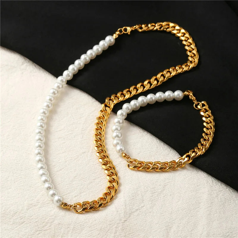 Kit 2 Peças Colar e Pulseira Meio Pérolas Corrente Cubana - Aço Dourado