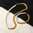 Kit 2 Peças Colar e Pulseira Meio Pérolas Corrente Cubana - Aço Dourado