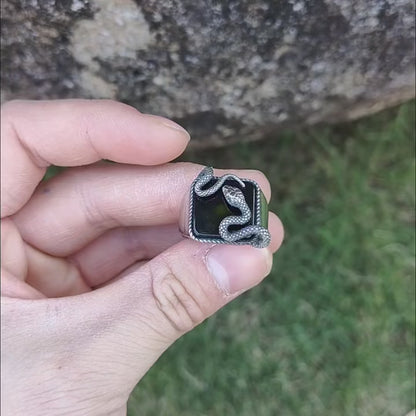 Anel Masculino Serpente Obsidiana 3D Aço Prata
