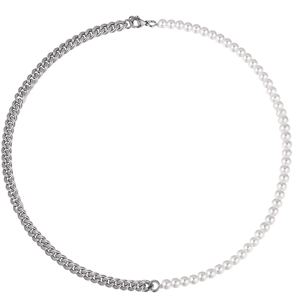 Colar Masculino Meio Pérolas Meio Corrente Cubana Aço Prata - Loja Hey Dude