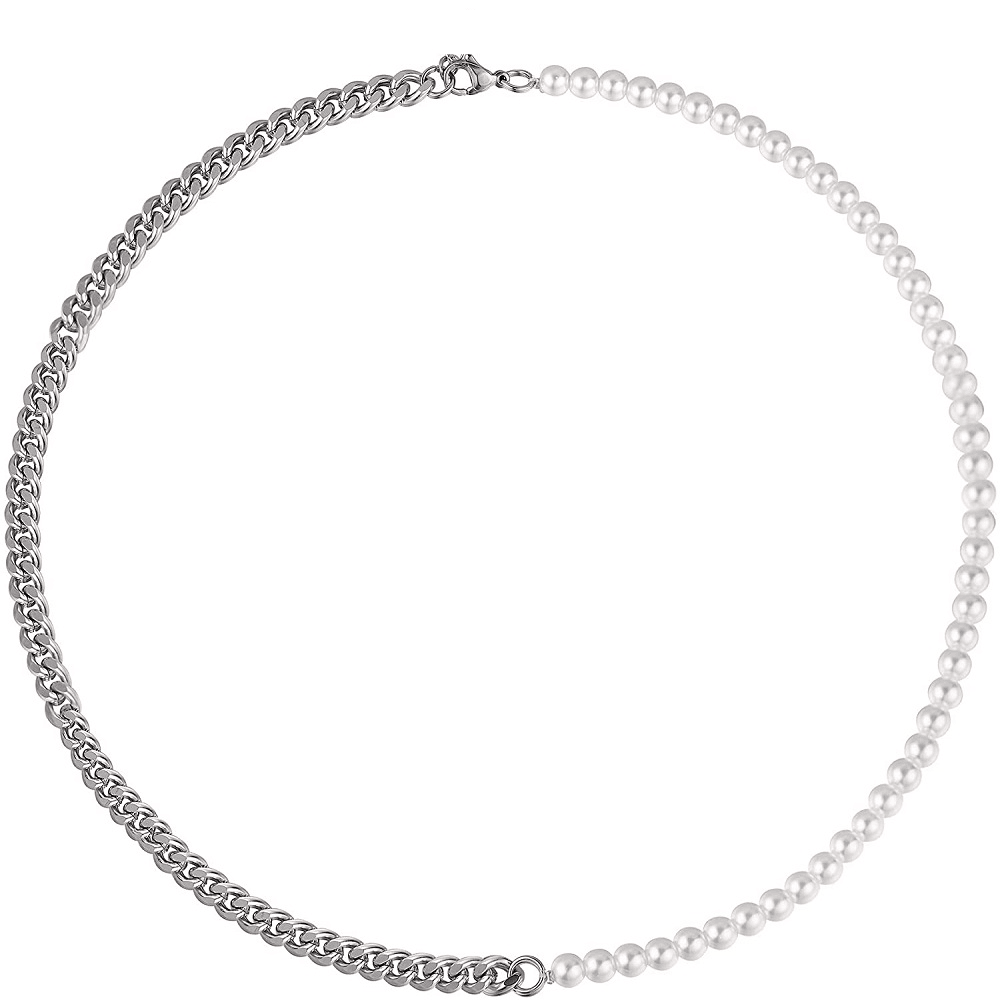 Colar Masculino Meio Pérolas Meio Corrente Cubana Aço Prata - Loja Hey Dude