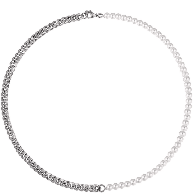 Colar Masculino Meio Pérolas Meio Corrente Cubana Aço Prata - Loja Hey Dude