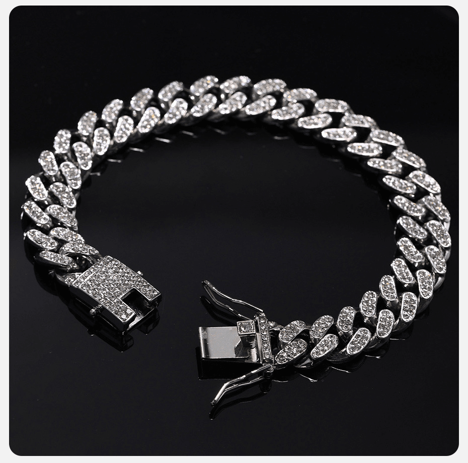 Pulseira Ice Cuban Corrente Cravejada 12mm Prata Fecho com trava de segurança