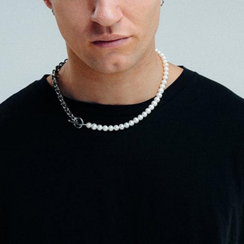 Colar Masculino Meio Pérolas Meio Corrente Cartier Aço Prata - Loja Hey Dude