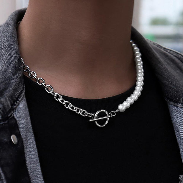 Colar Masculino Meio Pérolas Meio Corrente Cartier Aço Prata - Loja Hey Dude