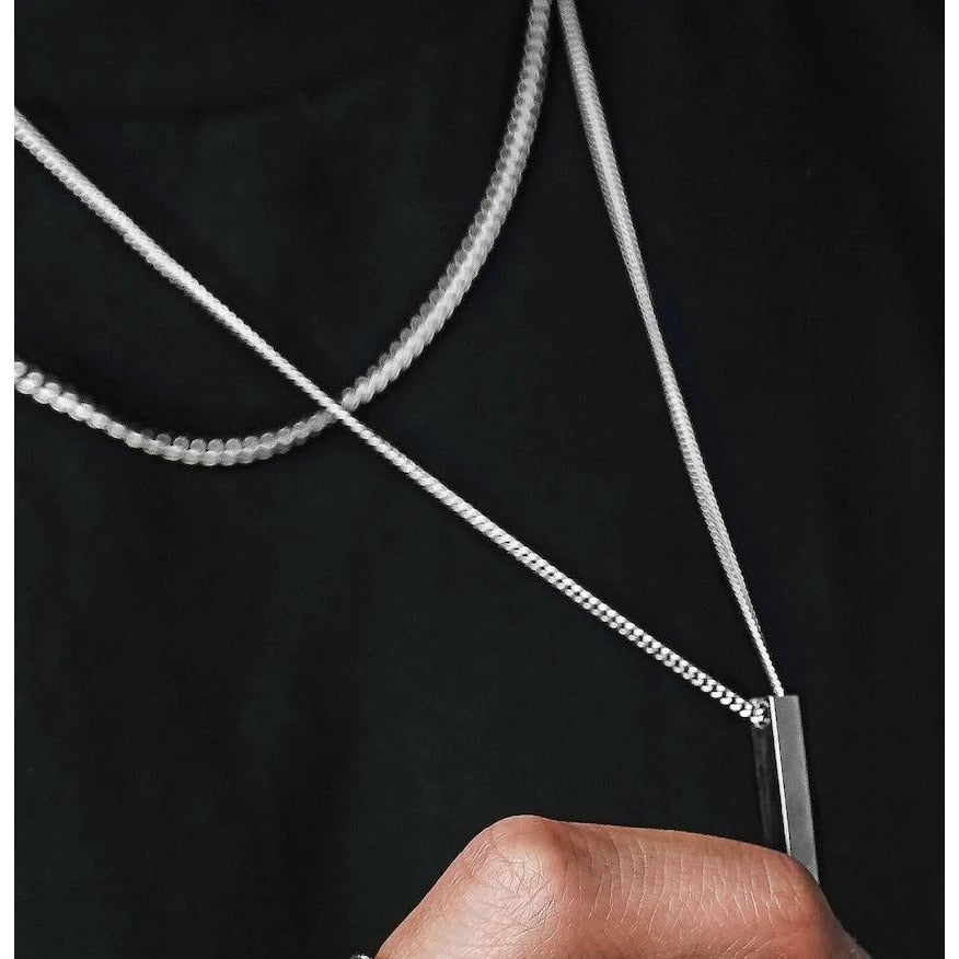 Colar Masculino Camadas Pingente Retangular Aço Prata