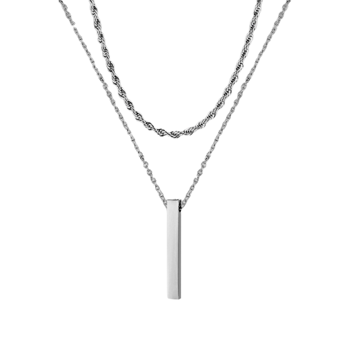 Colar Masculino Camadas Pingente Retangular Aço Prata