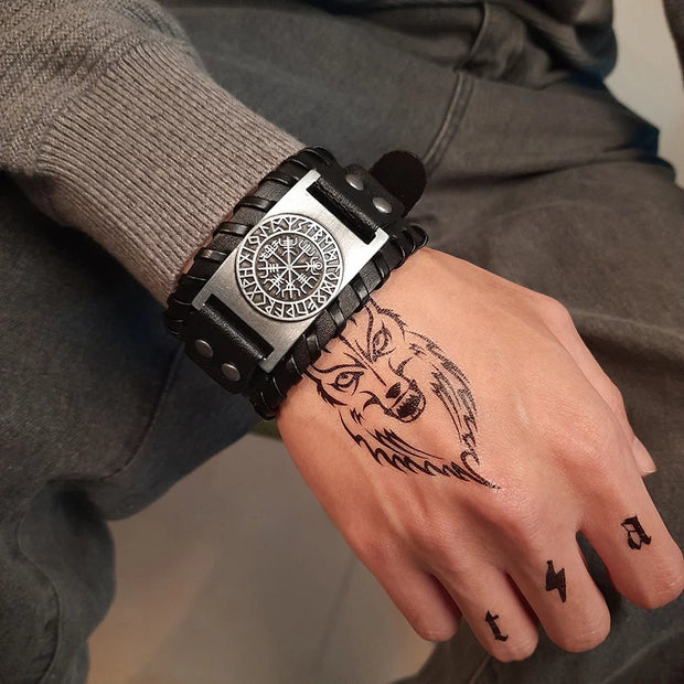 Pulseira Larga de Couro Bússola Nórdica - Loja Hey Dude