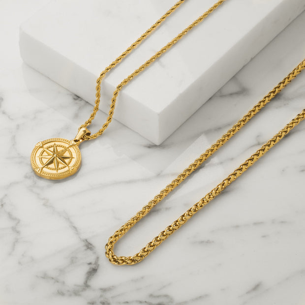 Colar Masculino em Camadas Pingente Bússola 2 Peças - Aço Dourado