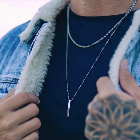 Colar Masculino Camadas Pingente Retangular Aço Prata