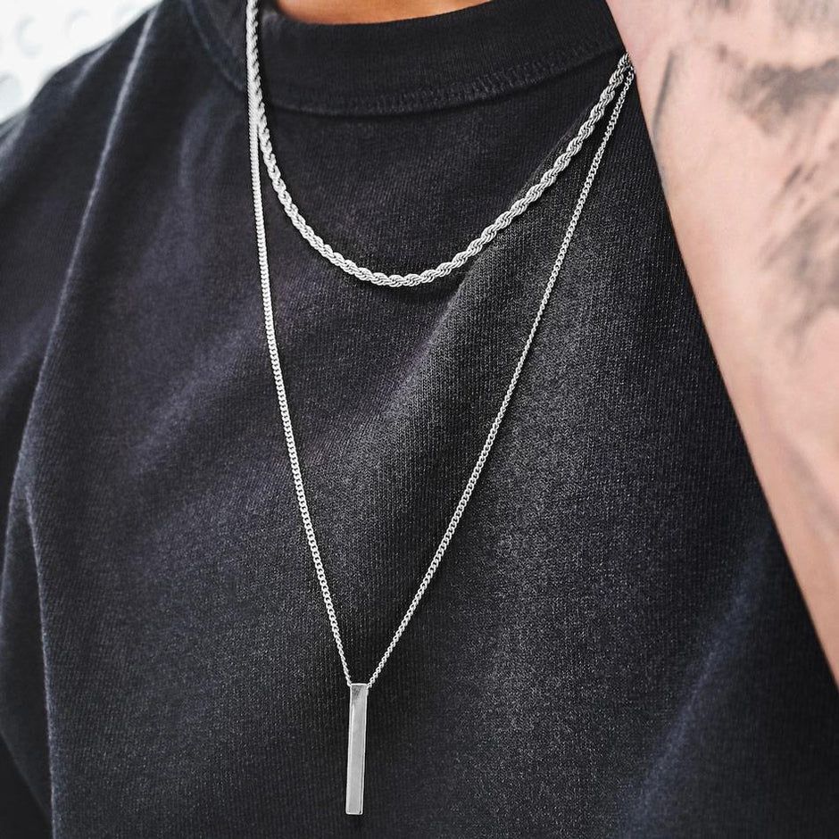 Colar Masculino Camadas Pingente Retangular Aço Prata