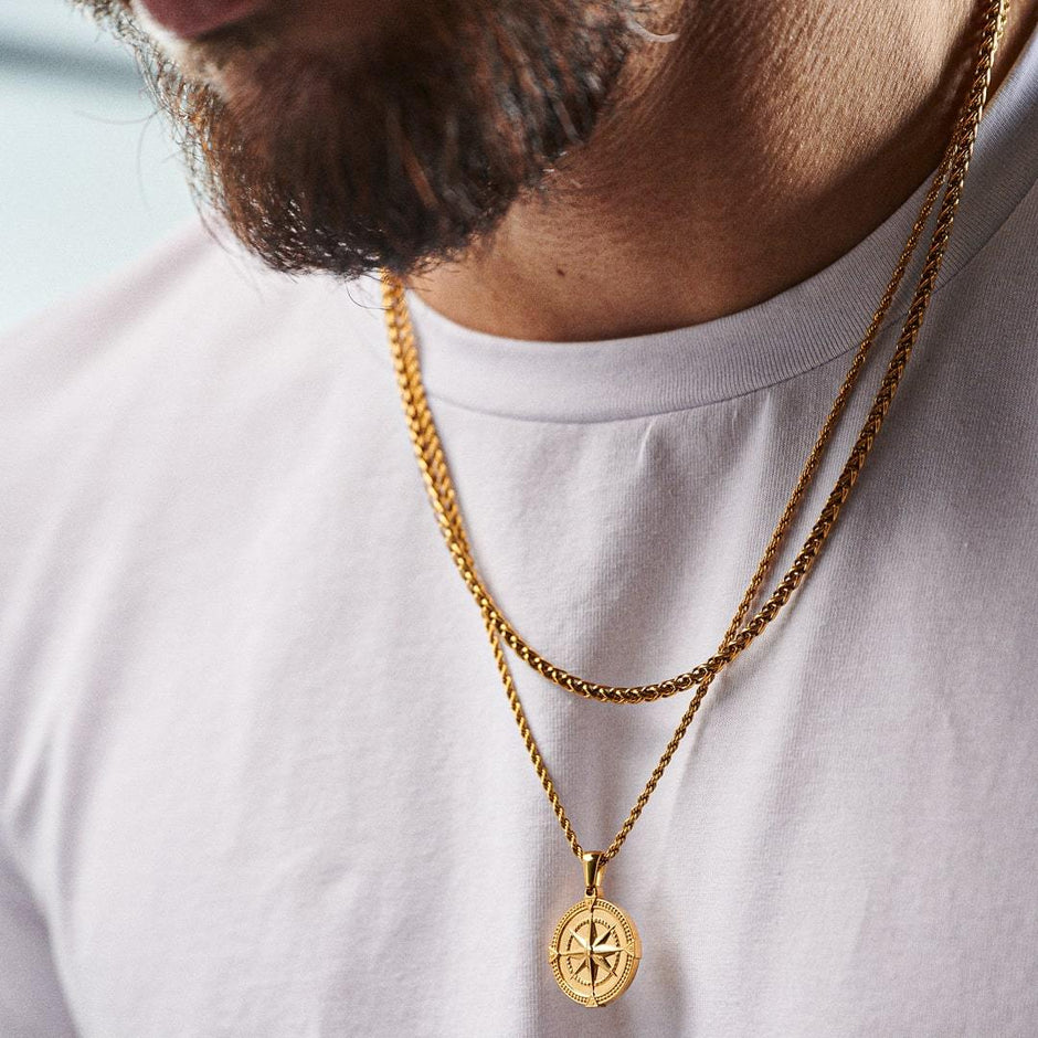 Colar Masculino em Camadas Pingente Bússola 2 Peças - Aço Dourado
