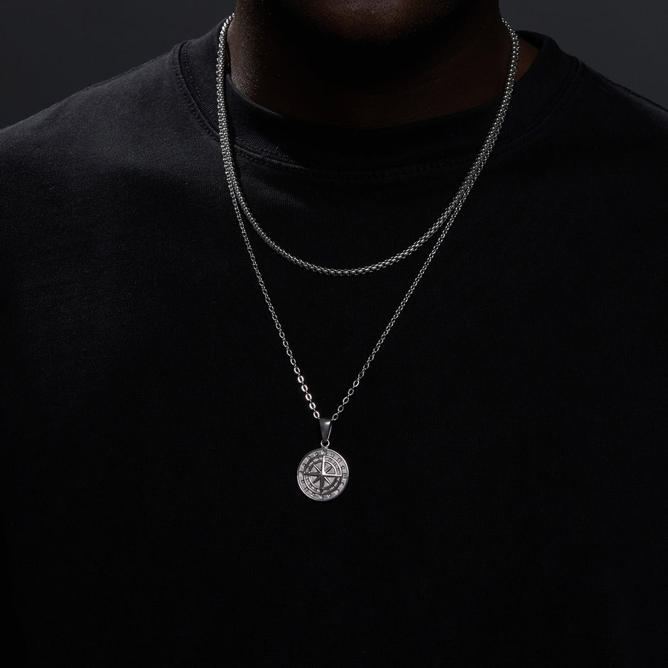 Colar Masculino em Camadas Pingente Bússola 2 peças - Aço Prata
